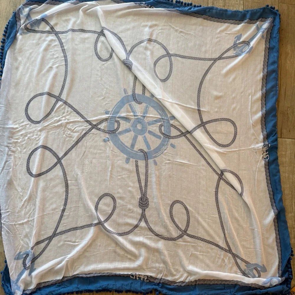 Nautical Square Scarf Blue White Anchor Ship Wheel Rope Pom Pom Trim 48x48